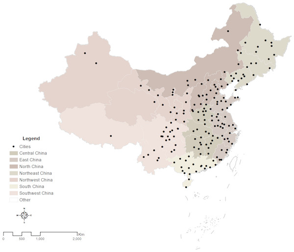 Spatial distribution of 180 cities in China.