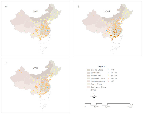 Spatial pattern of PET across different regions in China ((A) PET in 1990, (B) PET in 2005, (C) PET in 2015).