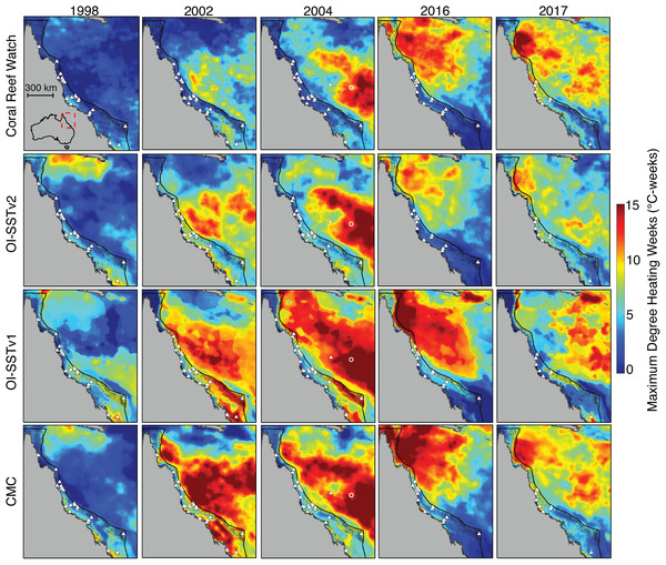 Heat stress on the GBR during austral summers of 2004 and years when mass coral bleaching was observed.