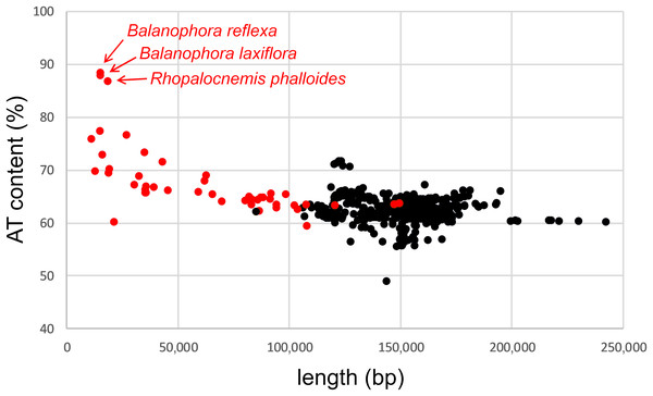 AT content and lengths of the plastid genomes of Embryophyta.