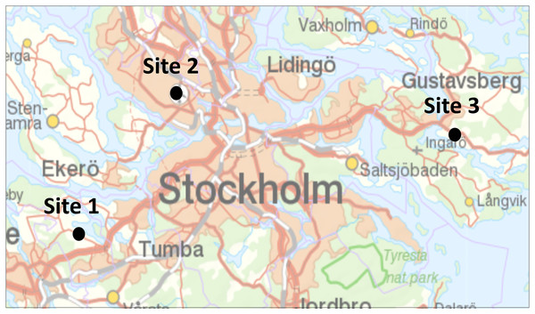 Location of the three study sites in Stockholms larger metropolitan area.