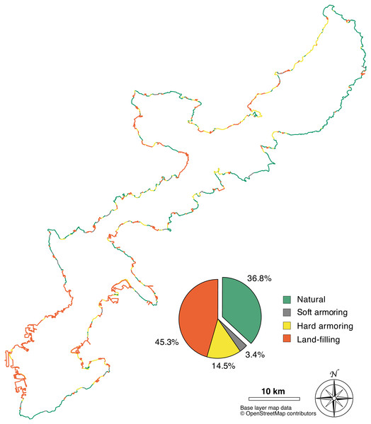 Map of human-made alterations to the Okinawa Island coastline.