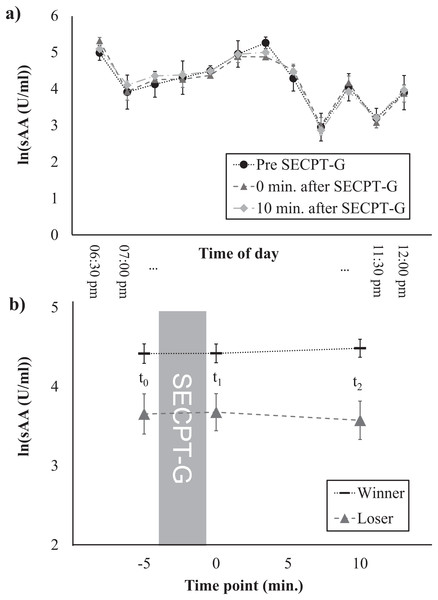 Salivary α-amylase levels at different times of the day (A) and time course of the sAA response, separately for winners and losers (B).