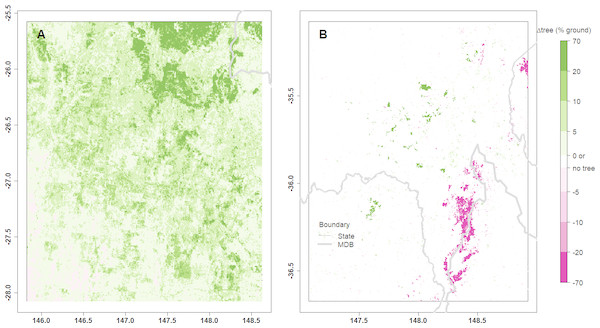 The maps show significant changes in tree cover identified from the MOD44B data between 2003 and 2015 in the Qld region (A) and the NSW/VIC region (B).
