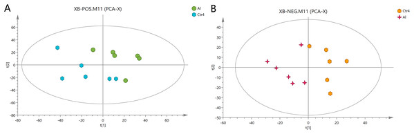PCA score plots of metabolites in HT-29 cells in the positive-ion mode (A) and negative-ion mode (B).