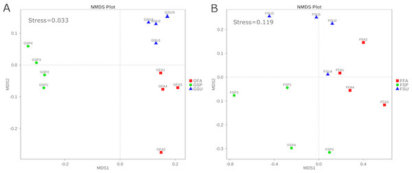 NMDS analysis of (A) bacterial and (B) fungal community compositions of elm rhizosphere samples taken from three different seasons.