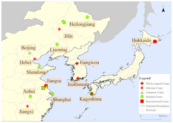 The mix distribution map of sandhill cranes in Asian during the non-breeding period.