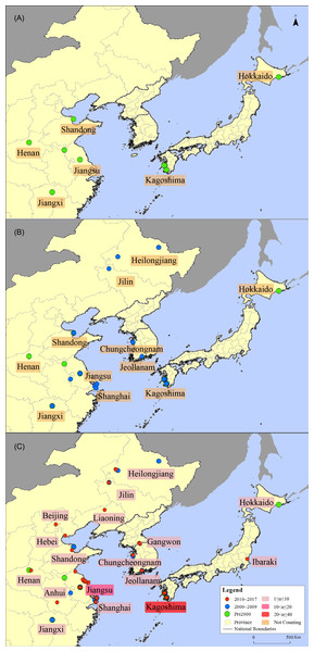 Distribution map of the sandhill cranes in Asia during the non-breeding period.