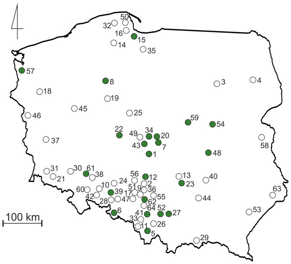 Map of Poland with sampling sites.