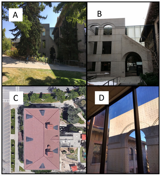 Views of the building that received bird-window collision mitigation.