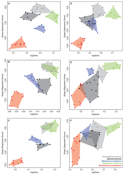 Multivariate regression plots performed on shape data and log-transformed centroid size.