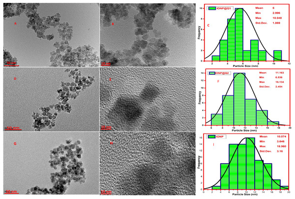 HRTEM images (A, B, D, E, G and H) and particle size distribution (C, F and I) of IONP@Q.