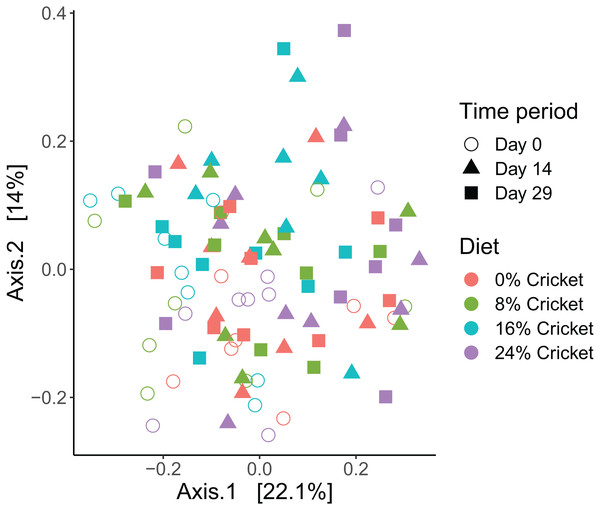 Beta diversity of bacterial communities in dogs eating control diets and diets containing cricket does not differ.
