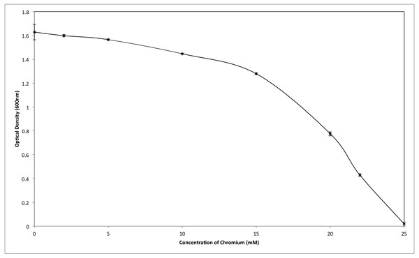 Effect of different concentrations of hexavalent chromium on the growth of Staphylococcus aureus strain K1.