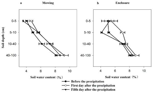 Characteristics of soil water content before and after precipitation under mowing (A) and enclosure (B) treatments.