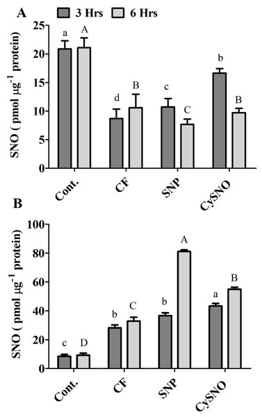 Cellular SNO levels of exo-NO sources treated Daewon (A) and Pungsannamul (B) cultivars after 3 h (lowercase) and 6 h (uppercase) of flooding stress.