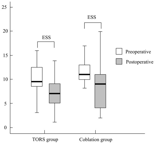The treatment outcome of ESS between two groups.