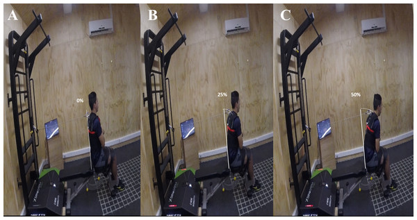 Participant performing a maximum effort of trunk flexion in the functional electromechanical dynamometer with different ROM (A, initial position; B, 25% cm ; C, 50% cm).