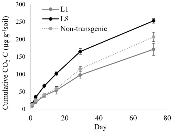 Cumulative CO2 production from transgenic and non-transgenic MYB4 lines.