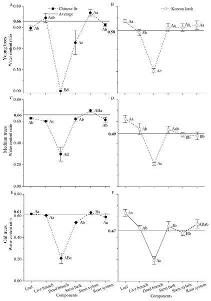 Water content ratio in different structural components of Chinese fir and Korean larch trees by different age classes (±S.D.).