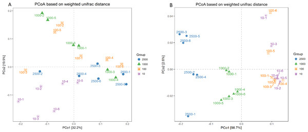 Principal co-ordinate analysis (PCoA) scores plot generated from rabbits caecum sample by a weighted UniFrac analysis at the 97% similarity level.