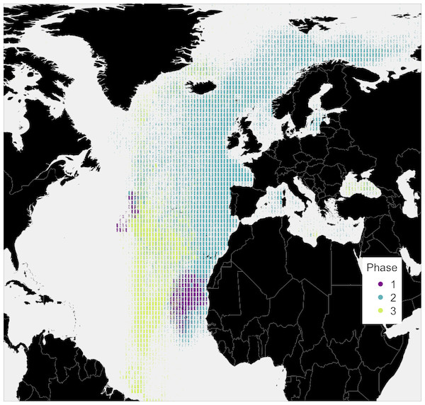 Simulated locations of the whale taken from the top 10% best fitting migratory movement models.