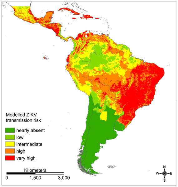 Modelled ZIKV transmission risk in South and Central America based on Maxent cloglog output.