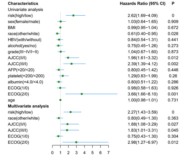 Univariate and multivariate analysis for gene-based risk model and clinical characteristics with postoperative recurrence.