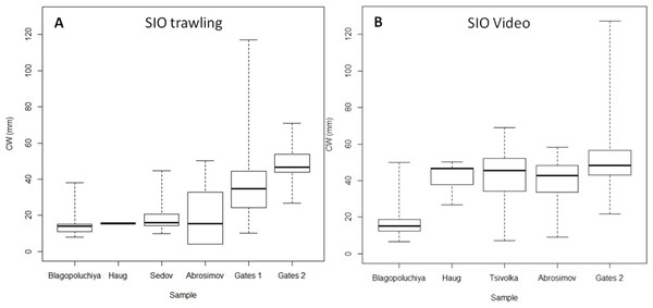Box plots of carapace width (CW) distribution of crabs caught at SIO RAS stations.