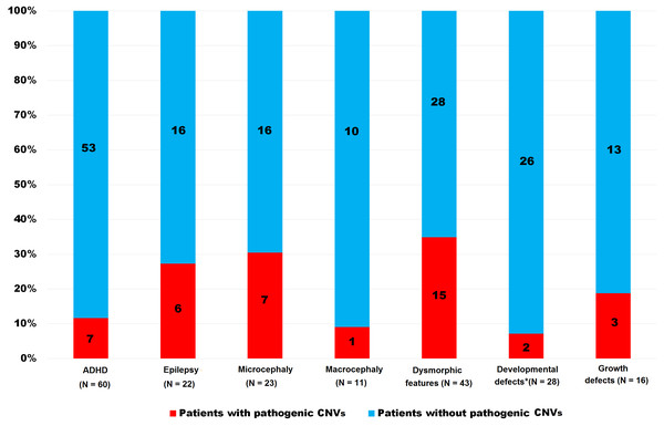 Frequency of pathogenic CNVs in both groups (ID and ASD) together stratified according to the clinical features.