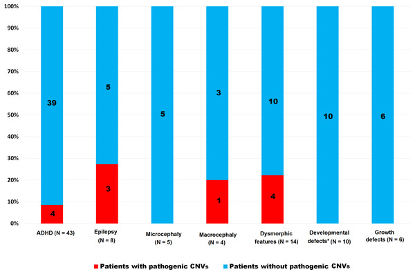 Frequency of pathogenic CNVs in ASD group stratified according to the clinical features.