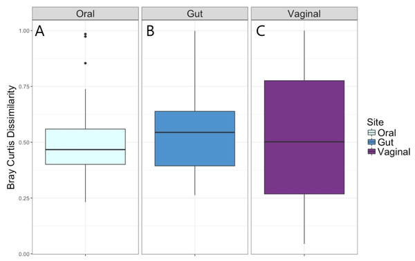 Bray–Curtis dissimilarity measure for Visit 1 and Visit 2 by body site.