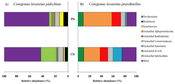 Composition of microbiota at the genus level in stomach content of C. l. pidschian (A) and C. l. pravdinellus (B).