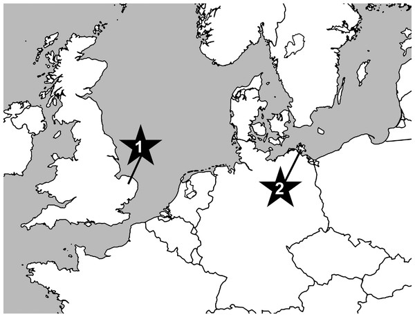 Map showing position of sampled localities at Cringleford near Norwich, Norfolk, United Kingdom (1) and the Isle of Rügen, northeast Germany (2).