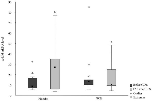 Liver mRNA levels of IL-1β before and 12 hours after lipopolysaccharide (LPS) challenge in horses and ponies fed placebo or green tea and curcuma extract (GCE).