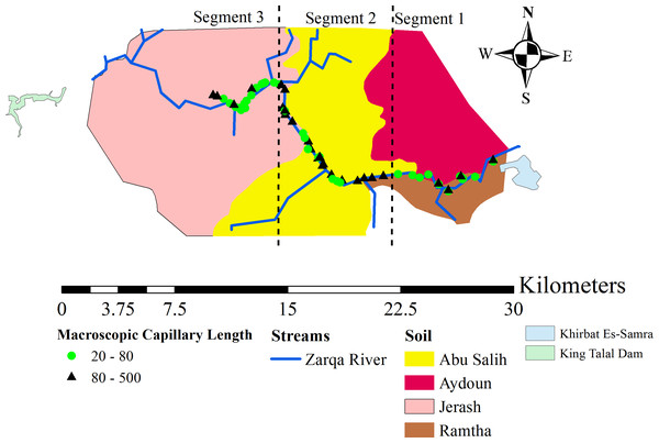 The locations of the measurement sites and the soil units encountered around the Zarqa River.