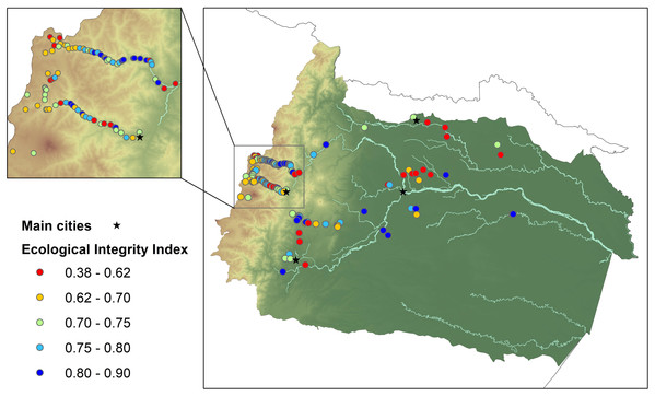 Ecological integrity index (EII) for all sampled rivers in the upper Napo river basin.
