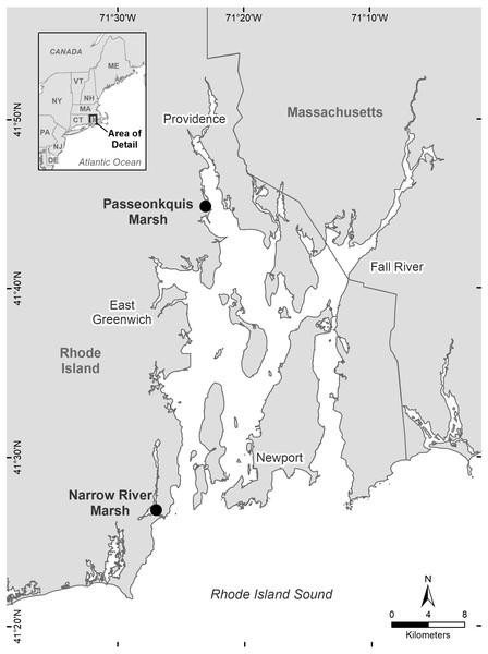 Location of the two salt marsh study sites Narrow River marsh (NAR) and Passeonkquis marsh (PAS) in the Narragansett Bay estuary, Rhode Island, USA.