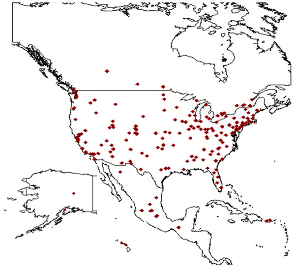 Map of North America showing the location of the arthropod collections included in the present study.