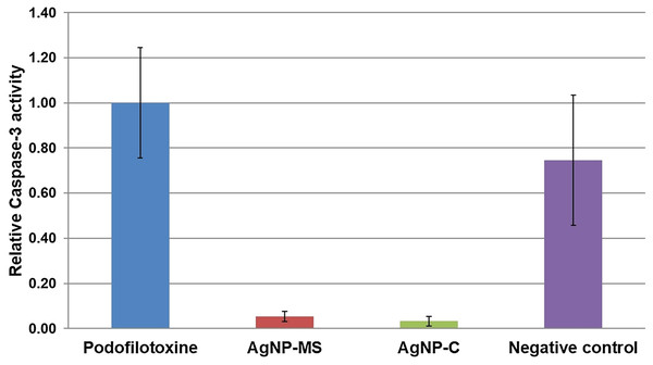 Activity of caspase-3 in SiHa cells exposed to AgNP-MS and AgNP-C.