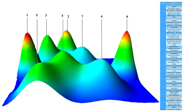 Mountain visualization of biclustering of highly frequent major MeSH terms and articles on postmenopausal osteoporosis.