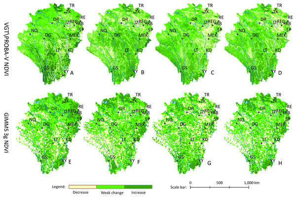 Spatial distribution of the vegetation dynamics from 1999 to 2015.