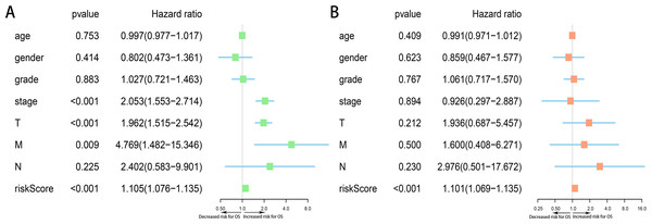 Forest plots of Cox regression analysis of clinicopathological characteristics and risk score (All).