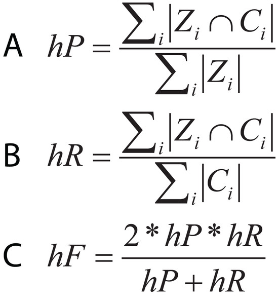 Equations for hierarchical metrics. Zi and Ci correspond, respectively, to the set of true and predicted classes for an instance i.
