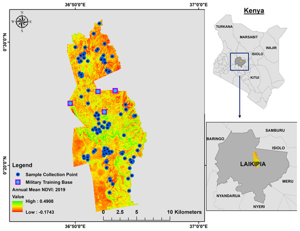 Annual mean 2019 NDVI base layer map of Mpala Ranch, Laikipia, Kenya showing where fecal samples were collected.