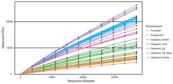 Rarefaction curves of observed OTUs, clustered at 97% similarity, across increasing numbers of subsampled sequences.
