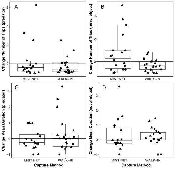 Behavioral responses to a model predator (A and C) and novel object (B and D) did not differ among black-capped chickadees captured in mist nets or walk-in traps.
