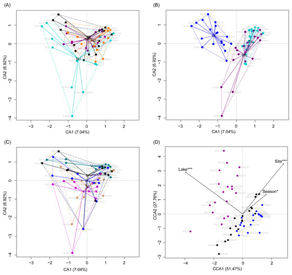 Correspondence analysis (A, B, and C) and canonical correspondence analysis (D) profiles of samples based on OTUs in lakeshore rhizospheric microbiota.