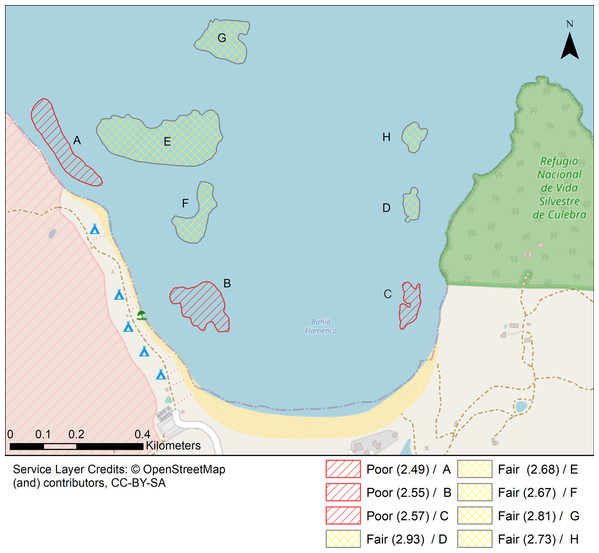 Localities shaped according to a continuous geomorphic structure of aggregate reef and classified according to the Coral Reef Resilience Index (CRRI).