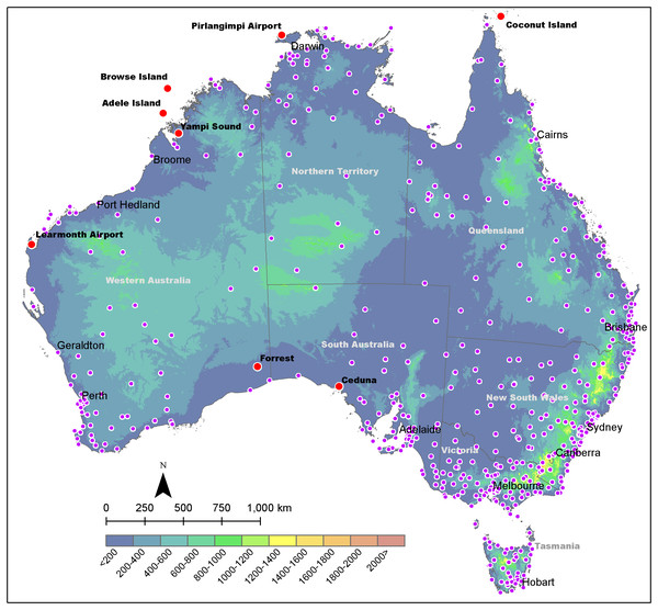 Elevation map of Australia with locations of major towns/cities and Bureau of Meteorology (BoM) automatic weather stations (AWS).